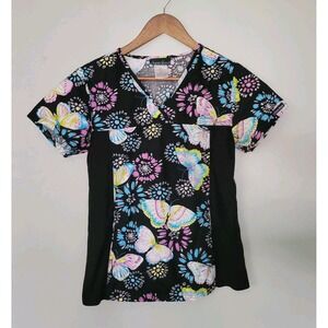Cherokee Scrub Top Size XSmall Fitted No Pockets Black W/ Flowers & Butterflies